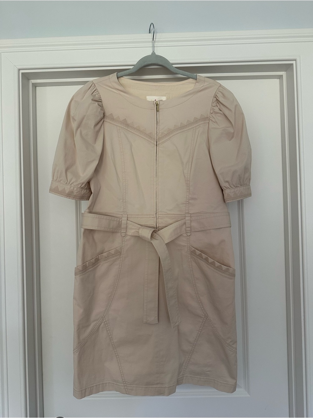 Anthropologie Cream Zip-Front Mini Dress with Puff Sleeves - Picture 3 of 11